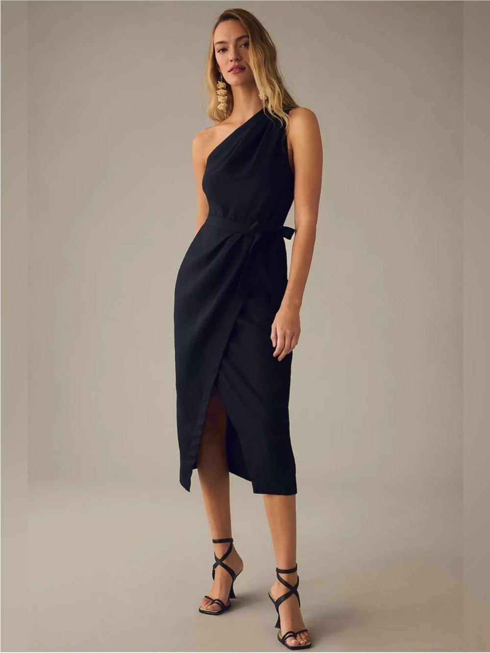 Anthropologie One-Shoulder Black Linen Midi Wrap Dress 6 EUC